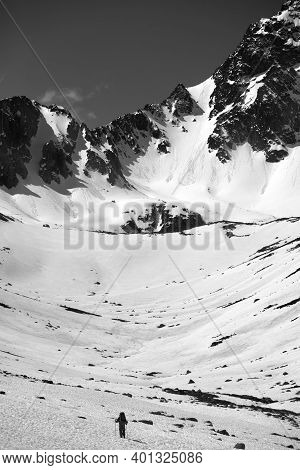 Hiker In Snowy Mountains At Nice Spring Day. Turkey, Kachkar Mountains (highest Part Of Pontic Mount