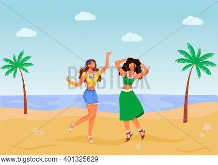 Brazilian Carnival Flat Color Vector Illustration. Females In Summer Clothing. Holiday Parade. Stand