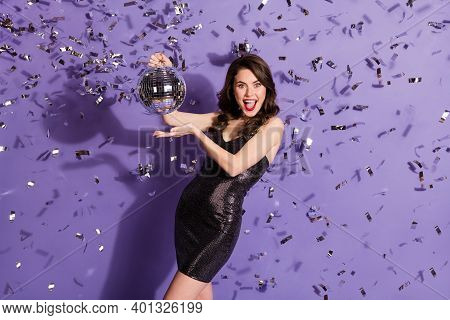 Portrait Of Pretty Cheerful Wavy-haired Girl Having Fun Dancing Holding Disco Ball Isolated Bright V