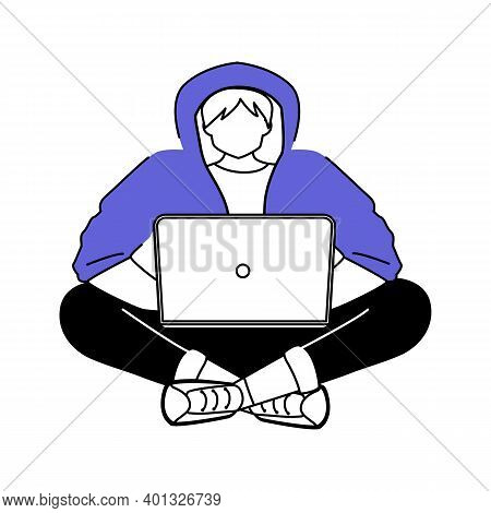 Guy In Hoodie With Laptop Flat Silhouette Vector Illustration. Young Man Working From Home. Student.