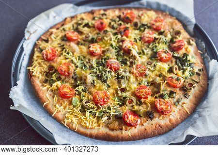 Plant-based Food, Vegan Flatbread Pizza With Cherry Tomatoes And Dairy-free Cheese