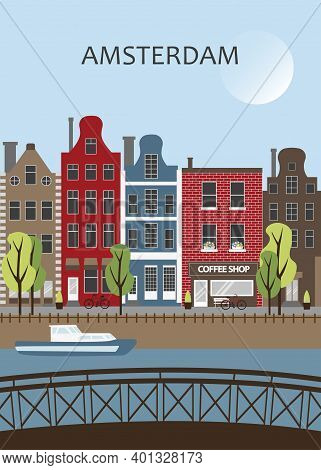 Amsterdam Street  Illustration Poster, Bridge, Houses, Canal