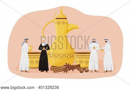 Coffee Culture Flat Concept Vector Illustration. Traditional Ceremony With Dallah Pot Set. Turkish H