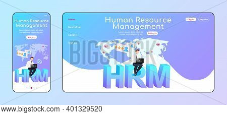 Human Resource Management Adaptive Landing Page Flat Color Vector Template. Smiling Man Keeps Laptop