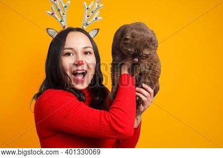 Portrait Of A Cheerful Girl In A Red Sweater And With Deer Horns Lifts Up A Cute Cat On A Yellow Bac