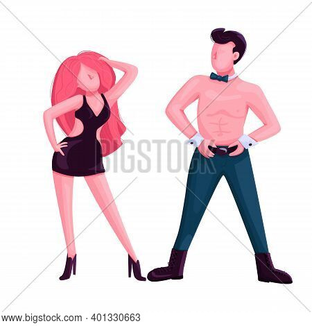 Male And Female Strip Dancer Flat Color Vector Faceless Character. Attractive Man And Woman Dance Pe
