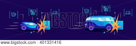 Driverless Cars Crash Test Flat Color Vector Illustrations. Self Driving Automobiles Hitting Obstacl