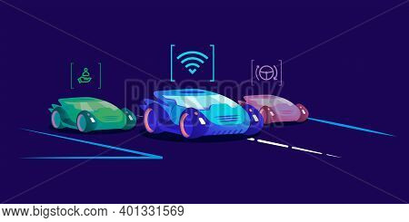 Driverless Cars Flat Color Vector Illustration. Futuristic Self Driving Vehicles With Different Auto
