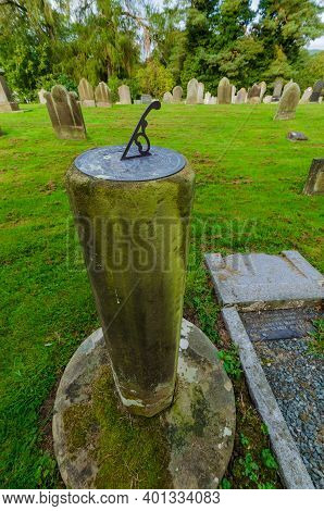 Llandegla; Uk: Sep 20, 2020: A General View Of The Graveyard At St.tecla's Church With A Sundial Mou