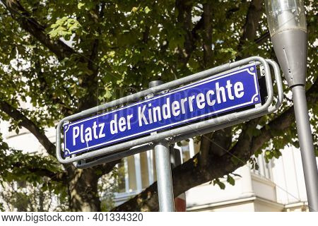 Streetsign Platz Der Kinderrechte - Place Of Childrens Rights - In Wiesbaden, Germany