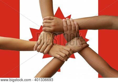 Canada Flag, Intergration Of A Multicultural Group Of Young People