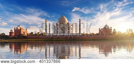 Taj Mahal At Sunset And Its Reflection, Place Of Visit In India, View From Mehtab Bagh, Agra, Uttar 