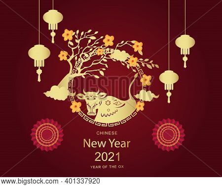 Chinese New Year 2021 Year Of The Ox , Red And Gold Lanterns,flower And Asian Elements With Craft St