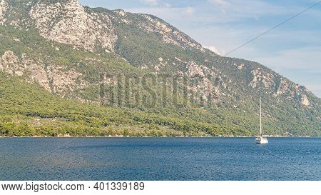 Marmaris, Akyaka, Turkey - November 2020: Private Boat In The Great Mediterranean Landscape Of Akyak