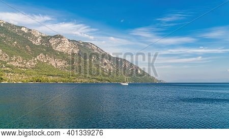 Marmaris, Akyaka, Turkey - November 2020: Private Boat In The Great Mediterranean Landscape Of Akyak