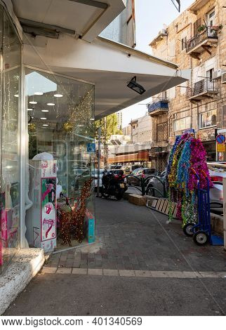 Haifa, Israel, December 25, 2020 : Decorated For The Celebration Of Christmas Shops On Khuri Street 
