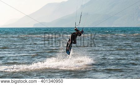 Marmaris, Akyaka, Turkey - November 2020: Unidentified Person Kitesurfing In Akyaka Of Marmaris Town