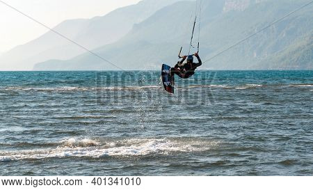Marmaris, Akyaka, Turkey - November 2020: Unidentified Person Kitesurfing In Akyaka Of Marmaris Town