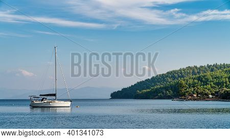 Marmaris, Akyaka, Turkey - November 2020: Private Boat In The Great Mediterranean Landscape Of Akyak
