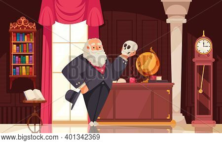 Famous Scientist Darwin Composition With Vintage Room Interior Scenery And Doodle Character Looking 