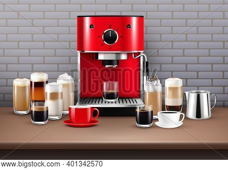 Coffee Drinks Realistic Background With Coffee Machine And Cup Vector Illustration