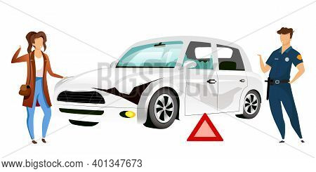 People By Broken Car Flat Color Vector Faceless Characters. Crash Site, Traffic Accident Isolated Ca