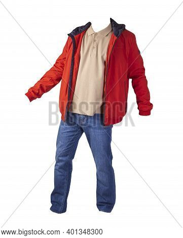Red Jacket,beige Shirt And Blue Jeans Isolated On White Background. Casual Fashion Clothes