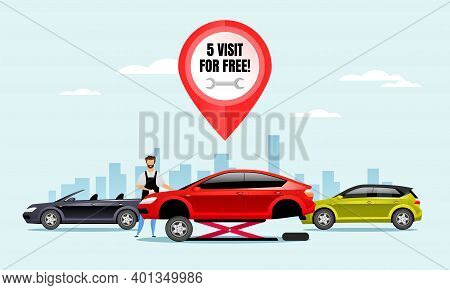 5 Visit For Free Offer Flat Color Vector Illustration. Auto Mechanic 2d Cartoon Character With Citys