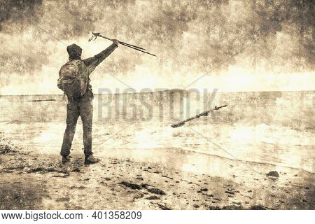 Exhilarated Man Standing On Rocky Coast At Lake. Traveler With Backpack Watch The Horizon.  Calotype