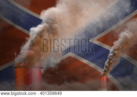 Global Warming Concept - Dense Smoke From Factory Chimneys On Novorossia Flag Background With Place 
