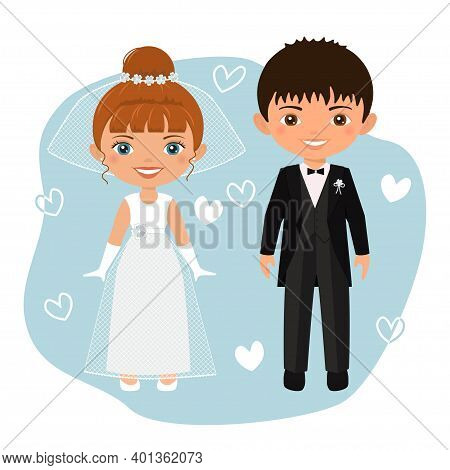 Wedding Couple. Cute Chibi Characters Groom And Bride In Wedding Dresses. Flat Cartoon Style. Vector