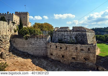 The Walls And Turrets Of The Medieval Castle Of The Joannite Order In The City Of Rhodes