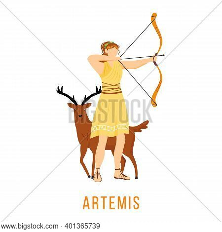Artemis Flat Vector Illustration. Ancient Greek Deity. Goddess Of Moon, Hunt And Archery. Mythology.
