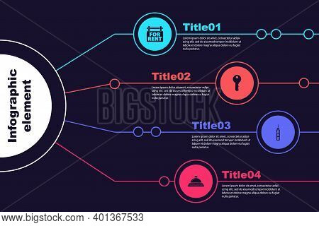 Set Hanging Sign With For Rent, House Key, Skyscraper And Hotel Service Bell. Business Infographic T