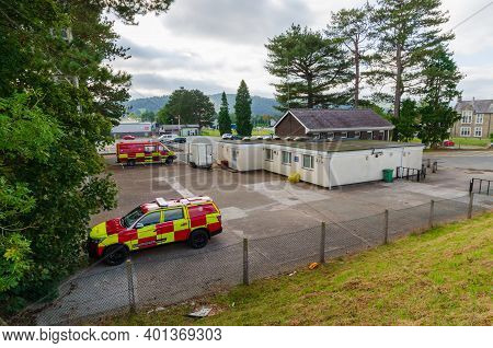 Bala; Uk: Sep 20, 2020: Bala Fire Station With Fire And Rescue Support Vehicles Parked In The Ground