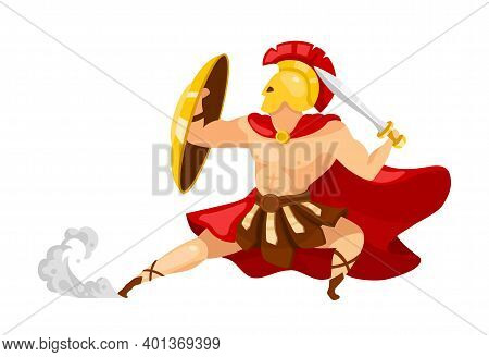 Warrior Flat Vector Illustration. Theseus In Armor. Gladiator With Shield And Sword. Greek Mythology