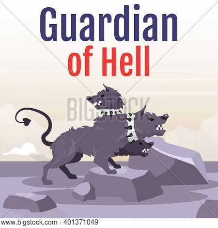 Guardian Of Hell Social Media Post Mockup. Greek Mythological Beast. Cerberus. Hound With Many Heads