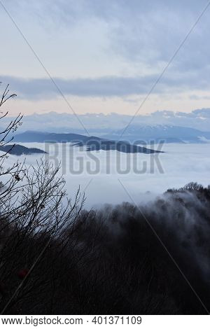 Low Clouds, View Of Winter Forest And Mountains From Observation Deck, Vertical Picture Of Amazing N