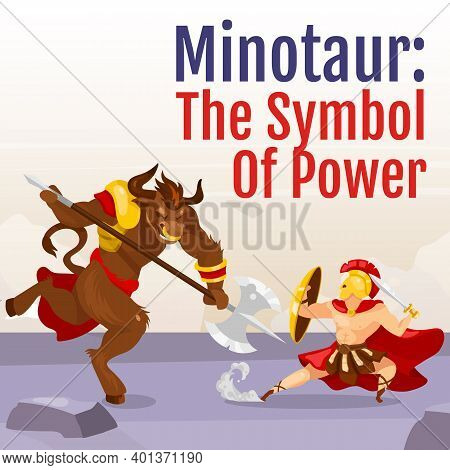 Symbol Of Power Social Media Post Mockup. Minotaur And Theseus. Greek Mythological Fight. Web Banner
