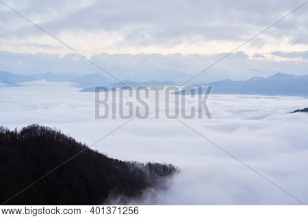 Low Clouds, View Of Winter Forest And Mountains From Observation Deck, Horizontal Picture Of Amazing