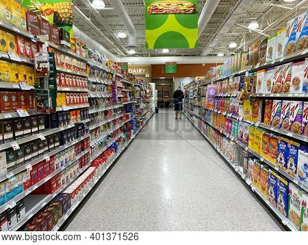 The Cereal, Coffee And Tea Aisle At A Publix Grocery Store In Orlando, Florida.