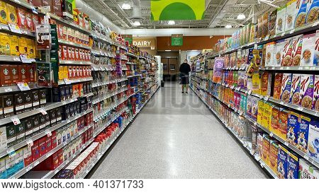 The Cereal, Coffee And Tea Aisle At A Publix Grocery Store In Orlando, Florida.