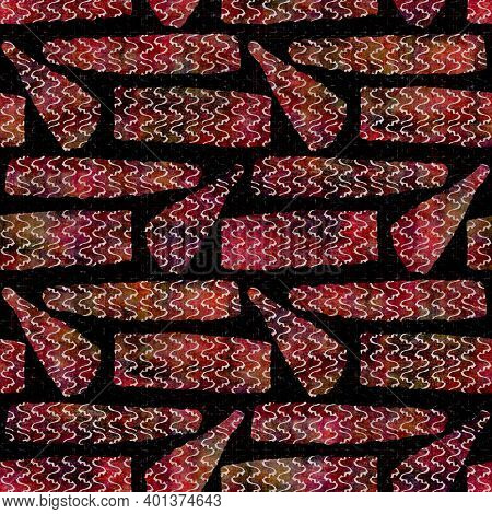 Seamless Dark Geometric Block Print Background. Boho Ethnic Soft Furnishing Fabric Style. Tie Dye Pa