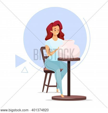 Female Pottery Maker Flat Color Vector Illustration. Woman Making Clay Vessel On Pottery Wheel. Clay