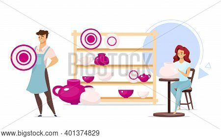 Man And Woman In Pottery Studio Flat Color Vector Illustration. Male And Female Characters Next To S