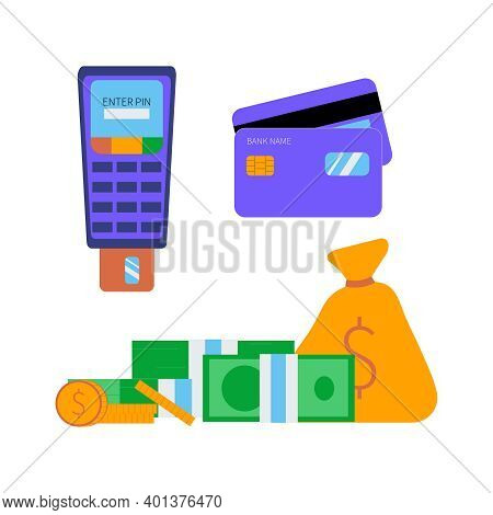Bank Flat Design Icons Set With Money Card Pinpad Isolated On White Background Vector Illustration