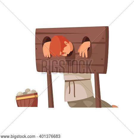 Medieval Person In Wooden Stocks On White Background Cartoon Vector Illustration