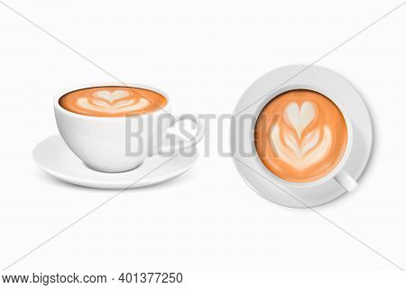 Vector 3d Realistic White Porcelain Ceramic Mug. Milk Coffee, Foam, Flower, Heart Pattern Set Isolat