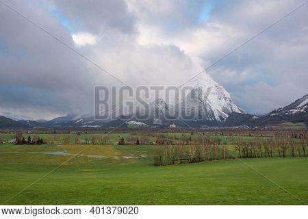 Winter Landscape With Snow Covered Grimming Mountain In Ennstal, Steiermark, Austria