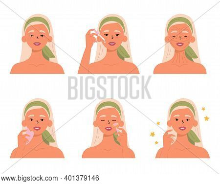 Blonde Woman With Bottle Of Face Serum, Facial Gua Sha Stone And Roller. Woman Massaging Her Face. A